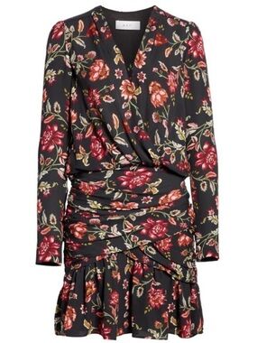 ALC Haven Floral Print Long Sleeve Mini Dress Black Silk Size 2 Ruched Ruffle